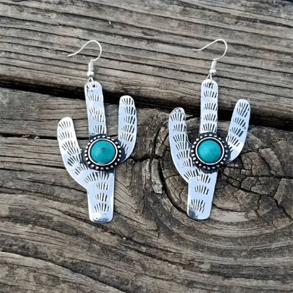 Silver Turquoise Cactus Western Dangle Earrings - Picture 4 of 5